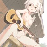  1girl animal_ears black_nails breasts brown_eyes commentary completely_nude dog_ears dog_girl fangs female_pubic_hair fingernails guitar highres holding holding_instrument instrument looking_to_the_side medium_breasts miyako_(naotsugu) nail_polish nipples nude open_mouth original pubic_hair pussy short_hair sitting solo spread_legs white_hair white_pubic_hair zenra 