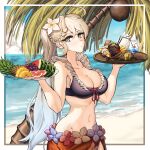  1girl absurdres beach bikini blonde_hair border braid breasts cleavage closed_mouth cocktail_pick cocktail_umbrella coconut collarbone commentary_request cowboy_shot crazy_straw cup day drinking_glass drinking_straw eyebrows_visible_through_hair flower food french_braid frilled_bikini frills fruit g36_(girls&#039;_frontline) girls&#039;_frontline glass hachirodesu hair_flower hair_ornament head_tilt heart_straw highres holding holding_tray light_blue_eyes long_hair looking_at_viewer medium_breasts multicolored_hair navel ocean outdoors outside_border palm_tree pocky ponytail purple_swimsuit sarong shot_glass side_braid solo swimsuit tray tree very_long_hair w_arms 