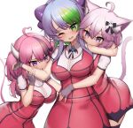  3girls ahoge animal_ears biting blood_sucking blue_hair blush breasts bsapricot_(vtuber) cat_ears cat_girl cat_tail commentary commission english_commentary eyebrows_visible_through_hair fang fingerless_gloves gloves green_eyes green_hair hair_between_eyes highres horns ironmouse kaptivate large_breasts long_hair multiple_girls nyatasha_nyanners one_eye_closed open_mouth pink_hair purple_eyes short_hair short_sleeves simple_background slit_pupils tail tongue vampire vshojo white_background 