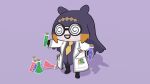  1girl 3d :d bangs black_footwear blunt_bangs chibi coat coke-bottle_glasses erlenmeyer_flask flask full_body glasses hands_up highres holding hololive hololive_english labcoat long_hair necktie ninomae_ina&#039;nis open_clothes open_coat outstretched_arms purple_background purple_hair purple_shirt scientist seafoamboy shirt simple_background smile standing tentacles very_long_hair vial virtual_youtuber walfie_(style) white_coat yellow_neckwear 