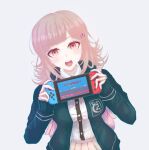  1girl :d bangs black_jacket blunt_bangs brown_hair brown_skirt commentary copyright_name danganronpa_(series) danganronpa_2:_goodbye_despair danmari_n_su dress_shirt eyebrows_visible_through_hair flipped_hair galaga hair_ornament hairclip handheld_game_console highres holding holding_handheld_game_console hood jacket long_sleeves looking_at_viewer medium_hair nanami_chiaki open_clothes open_jacket pink_eyes pleated_skirt ribbon shiny shiny_hair shirt shirt_tucked_in simple_background skirt sleeves_past_wrists smile solo teeth upper_teeth white_background white_shirt 