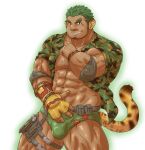 1boy abs absurdres bara beard biceps briefs bulge camouflage camouflage_shirt chest_hair dark-skinned_male dark_skin dog_tags facial_hair forked_eyebrows green_male_underwear hair_slicked_back highres large_pectorals long_sideburns looking_at_viewer male_focus male_underwear mature_male minatsumi muscular muscular_male no_pants open_clothes open_shirt panther_boy panther_ears pectoral_cleavage pectorals shirt short_hair sideburns smile solo stomach stubble thick_eyebrows thick_thighs thighs tokyo_afterschool_summoners underwear wood_wrestler_(housamo) 