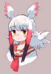 1girl adapted_costume bangs bird_girl bird_wings black_hair blush brown_background buttergirl_02 commentary_request duplicate eyebrows_visible_through_hair head_wings highres japanese_crested_ibis_(kemono_friends) kemono_friends long_hair looking_at_viewer multicolored_hair neckerchief nose_blush pixel-perfect_duplicate red_hair red_neckerchief sailor_collar shirt sidelocks simple_background solo white_hair white_shirt wings yellow_eyes 