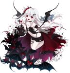  1girl bangs bat black_choker black_shorts black_surge_night blood blood_on_face blood_on_hands breasts cape choker cross cross_hair_ornament eyebrows_visible_through_hair fang fangs fufumi hair_ornament latin_cross long_hair looking_at_viewer official_art pale_skin petals pointy_ears red_eyes shorts small_breasts thigh_strap torn_clothes transparent_background vampire vampire_(black_surge_night) very_long_hair white_hair wings 
