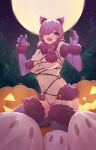  1girl :d absurdres animal_ear_fluff animal_ears bow breasts cat_ears claw_pose darling0221 elbow_gloves fang fate/grand_order fate_(series) full_moon fur-trimmed_gloves fur-trimmed_legwear fur_trim gloves hair_ornament halloween_costume highres jack-o&#039;-lantern kneeling large_breasts looking_at_viewer mash_kyrielight mash_kyrielight_(dangerous_beast) moon navel open_mouth panties pink_bow purple_eyes purple_gloves purple_hair purple_legwear purple_panties revealing_clothes skin_fang smile solo thighhighs underwear 