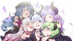  5girls absurdres bangs bare_shoulders blue_eyes blue_hair blush closed_eyes closed_mouth collared_shirt crying crying_with_eyes_open demon_girl demon_horns detached_sleeves elbow_gloves everyone eyebrows_visible_through_hair gloves gradient_hair green_hair grey_hair group_hug group_picture hair_ornament highres honey_strap horns hug lalu_(pixiv3307500) long_hair multicolored_hair multiple_girls one_eye_closed open_mouth orange_eyes pointy_ears purple_eyes purple_hair red_hair saionji_mary sekishiro_mico shimamura_charlotte shirt short_hair sidelocks silver_hair sleeveless smile sougetsu_eli suou_patra tearing_up tears tied_hair very_long_hair 