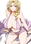  1girl absurdres aphrodite_(shuumatsu_no_valkyrie) bangs beads blonde_hair blue_eyes blush breasts cleavage commentary_request dress duplicate flower hair_flower hair_ornament highres huge_breasts long_hair looking_at_viewer navel parted_lips pink_dress pixel-perfect_duplicate red_flower shuumatsu_no_valkyrie simple_background sitting solo sweat torn_clothes white_background white_flower whoosaku 