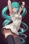  1girl ahoge armpits arms_behind_head arms_up bangs black_legwear black_ribbon blue_eyes blue_hair breasts commentary_request cowboy_shot dancing dress eyebrows_visible_through_hair eyes_visible_through_hair grin hair_between_eyes hair_ribbon hatsune_miku highres long_hair looking_at_viewer md5_mismatch me!me!me! me!me!me!_dance_(meme) medium_breasts meme revision ribbon sleeveless sleeveless_dress smile solo standing supreme_(module) thighhighs torriet twintails very_long_hair vocaloid white_dress world_is_mine_(vocaloid) 
