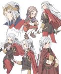  1girl blood blood_on_clothes blood_on_face blood_on_gloves blood_on_hands commentary_request dual_wielding edelgard_von_hresvelg fake_horns fire_emblem fire_emblem:_three_houses garreg_mach_monastery_uniform gloves hair_ornament hegemon_edelgard highres holding holding_sword holding_weapon horns long_hair long_sleeves looking_at_viewer multiple_views nanao_parakeet pantyhose shorts side_ponytail simple_background sword weapon white_background younger 