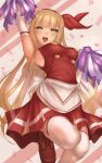  1girl apron arm_up armpits back_bow blonde_hair bow brown_footwear buttons cheerleader ellen_(touhou) green_hair hair_bow highres holding holding_pom_poms long_hair open_mouth pleated_skirt pom_pom_(cheerleading) red_bow red_shirt red_skirt shirt shounen_(hogehoge) skirt sleeveless sleeveless_shirt thighhighs touhou touhou_(pc-98) very_long_hair white_apron white_legwear zettai_ryouiki 