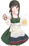  1girl alcohol alternate_costume beer beer_mug black_hair blush buttons collarbone commentary cup eyebrows_visible_through_hair food fubuki_(kancolle) green_eyes hair_between_eyes highres holding holding_cup kantai_collection ma_rukan mug open_mouth pretzel puffy_short_sleeves puffy_sleeves short_hair short_ponytail short_sleeves signature simple_background solo symbol-only_commentary white_background 