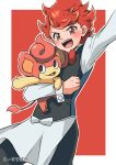  1boy :d apron arm_up bangs black_pants black_vest blush buttons chili_(pokemon) commentary_request highres holding holding_pokemon kousuke_(ko_suke) long_sleeves male_focus open_mouth outline pansear pants pokemon pokemon_(creature) pokemon_(game) pokemon_bw red_eyes red_hair shirt short_hair smile teeth tongue upper_teeth vest waist_apron white_apron white_shirt 