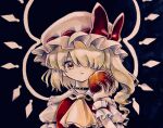  1girl apple ascot bangs belt_collar black_background blonde_hair bow collar commentary crystal eyebrows_visible_through_hair flandre_scarlet food frilled_shirt_collar frilled_sleeves frills fruit hair_over_one_eye hat hat_ribbon highres hisako_(6anmbblfnjueeff) holding holding_food looking_at_viewer medium_hair mob_cap one_eye_covered one_side_up puffy_short_sleeves puffy_sleeves red_bow red_eyes red_ribbon red_vest ribbon shirt short_sleeves sleeve_garter solo touhou traditional_media vest white_shirt wings wrist_cuffs yellow_neckwear 