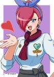  1girl :d alternate_costume ascot bangs blue_eyes border bow_hairband buttons earrings eyelashes hair_over_one_eye hairband hand_up heart highres jessie_(pokemon) jewelry kousuke_(ko_suke) lipstick makeup open_mouth outside_border pokemon pokemon_(anime) pokemon_xy_(anime) purple_background red_ascot red_lips shirt short_hair sleeves_rolled_up smile solo tongue white_border white_shirt 