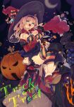  1boy 1girl bare_shoulders belt blonde_hair boots breasts candy crescent_moon detached_sleeves food gloves granblue_fantasy green_eyes halloween hat highres large_breasts long_hair moon thighhighs tian_you twintails vaseraga wide_sleeves witch_hat zeta_(granblue_fantasy) 