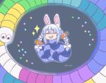  :d animal_ears animalization blue_hair closed_eyes facing_viewer hololive kukie-nyan no_humans rabbit_ears rabbit_girl slither.io smile snake sparkle twintails twitter_username usada_pekora virtual_youtuber white_hair worms 