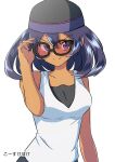  1girl adjusting_eyewear bangs bare_arms black_hair breasts closed_mouth collarbone commentary_request dark-skinned_female dark_skin eyebrows_visible_through_hair hair_between_eyes hand_up hat highres kousuke_(ko_suke) long_hair looking_at_viewer pokemon pokemon_(game) pokemon_sm shiny shiny_skin shirt simple_background sina_(pokemon) sleeveless sleeveless_shirt smile solo split_mouth sunglasses tinted_eyewear upper_body white_background white_shirt 