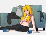  1girl ahoge bad_id bad_twitter_id bags_under_eyes bangs beer_can black_bra black_pants black_sweater blonde_hair blush bow bra bra_removed braid breasts can commentary cookie_(touhou) couch drunk foot_out_of_frame green_eyes hair_over_breasts kirisame_marisa large_breasts long_hair looking_at_viewer mars_(cookie) ohasi on_floor open_mouth pants plump purple_bow saliva shirt shirt_removed side_braid single_braid sitting solo sweater sweater_removed topless touhou underwear white_shirt 