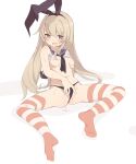  1girl anus_peek blonde_hair blush breast_grab breasts cum cum_on_body facial grabbing headgear highres kantai_collection necktie nipples on_floor open_mouth partially_visible_vulva pussy shimakaze_(kancolle) small_breasts solo spread_legs spread_pussy striped striped_legwear suwakana thong white_background 