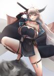  1girl azur_lane black_footwear breasts cleavage collarbone eyebrows_visible_through_hair feet_out_of_frame grey_hair hakuryuu_(azur_lane) highres holding holding_sword holding_weapon horns huge_breasts japanese_clothes kdkaikai long_hair looking_at_viewer open_mouth over_shoulder platinum_blonde_hair purple_eyes shoes simple_background solo standing sword sword_over_shoulder weapon weapon_over_shoulder 