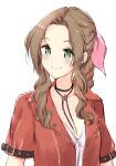  1girl aerith_gainsborough bow braid brown_hair closed_mouth commentary cropped_jacket dress final_fantasy final_fantasy_vii green_eyes hair_ribbon highres jacket long_hair minidraco pink_bow ribbon simple_background single_braid smile solo white_background 