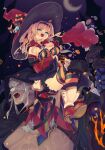  1boy 1girl bandages bare_shoulders belt blonde_hair boots breasts candy crescent_moon detached_sleeves food gloves granblue_fantasy green_eyes halloween hat highres hood large_breasts long_hair moon pointy_ears red_eyes sharp_teeth teeth thighhighs tian_you twintails vaseraga wide_sleeves witch_hat zeta_(granblue_fantasy) 