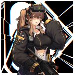  1girl absurdres black_gloves black_jacket black_skirt black_sports_bra blush bow breasts brown_eyes brown_hair collarbone commentary_request eyebrows_visible_through_hair fingerless_gloves girls&#039;_frontline gloves gun h&amp;k_ump hachirodesu hair_bow hand_on_eyewear highres holding holding_gun holding_weapon jacket large_breasts long_hair looking_at_viewer open_clothes open_jacket open_mouth safety_glasses scar scar_across_eye skirt smile solo sports_bra submachine_gun twintails ump9_(girls&#039;_frontline) upper_body weapon 