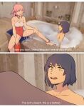  2girls bathroom bathtub breasts english_commentary english_text eyebrows_behind_hair genshin_impact highres i&#039;m_not_at_the_beach_this_is_a_bathtub kujou_sara lifeguard looking_at_another meme multiple_girls one_eye_closed parted_lips photo_background pink_hair short_hair sitting teeth teires_(teir3s) upper_teeth yae_(genshin_impact) yellow_eyes yuri 