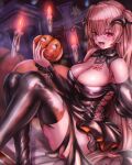  1girl black_dress black_legwear breasts candle dress fang halloween halloween_costume highres jack-o&#039;-lantern johnston_(kancolle) kantai_collection light_brown_hair long_hair medium_breasts red_eyes sabakuomoto short_dress sitting solo thighhighs two_side_up vampire vampire_costume 