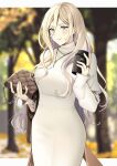  1girl alternate_costume bag blonde_hair blue_eyes blush closed_mouth commentary_request dress handbag highres holding holding_bag jewelry kantai_collection long_hair long_sleeves mole mole_under_eye mole_under_mouth necklace richelieu_(kancolle) smile solo tumbler white_dress yunamaro 