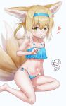  1girl absurdres animal_ears arknights bangs bare_arms bare_legs bare_shoulders barefoot bbk_(bbkbebek7) bikini blonde_hair blue_bikini blue_hairband blush braid commentary eyebrows_visible_through_hair fox_ears fox_tail hair_rings hairband heart highres looking_at_viewer multiple_tails navel short_hair simple_background sitting solo stomach suzuran_(arknights) swimsuit tail thighs yellow_eyes 