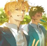  2boys bangs blonde_hair blue_jacket day earrings eating food food_in_mouth green_hair holding holding_food jacket jewelry looking_at_viewer male_focus multiple_boys one_piece outdoors popsicle popsicle_in_mouth popsicle_stick roronoa_zoro runa_(artist) sanji shirt short_hair sideburns smile teeth upper_body v white_shirt 