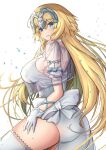  1girl absurdres ass bangs blonde_hair blue_eyes blush breasts dress fate/apocrypha fate/grand_order fate_(series) gloves headpiece highres jeanne_d&#039;arc_(fate) jeanne_d&#039;arc_(fate/apocrypha) large_breasts long_hair looking_at_viewer nuts_(hazel-nuts) open_mouth smile solo thighhighs thighs very_long_hair white_dress white_gloves white_legwear 