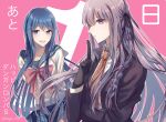  2girls :d bangs black_gloves black_jacket black_ribbon blue_hair blue_sailor_collar blue_skirt blush bow bowtie braid breasts brown_necktie collarbone collared_shirt commentary danganronpa:_trigger_happy_havoc danganronpa_(series) eyebrows_visible_through_hair gloves hair_ribbon highres index_finger_raised jacket kirigiri_kyouko large_breasts long_hair long_sleeves looking_at_viewer maizono_sayaka miyuzu multiple_girls necktie outline pink_background pink_bow pink_bowtie plaid plaid_skirt purple_eyes ribbon sailor_collar shiny shiny_hair shirt side_braid simple_background skirt smile teeth translated upper_body white_background white_outline white_shirt 