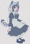  1girl animal_ears black_footwear blush bow buttergirl_02 common_raccoon_(kemono_friends) eyebrows_visible_through_hair fang frills grey_background grey_bow grey_hair kemono_friends maid open_mouth raccoon_ears raccoon_tail red_eyes simple_background skin_fang solo star_(symbol) tail white_bow 