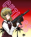  1girl absurdres background_text bangs bartender black_bow black_bowtie black_gloves blonde_hair blunt_bangs bob_cut bow bowtie brown_vest character_name closed_mouth cutlass_(girls_und_panzer) dress_shirt eyebrows_visible_through_hair from_side frown girls_und_panzer gloves gun half-closed_eyes handkerchief highres holding holding_gun holding_weapon long_sleeves looking_at_viewer maid_headdress moesenyukikaze shirt short_hair solo spectre_m4 standing submachine_gun suppressor vest weapon white_shirt wing_collar yellow_eyes 