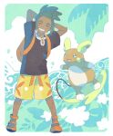  1boy alolan_raichu arms_behind_head backpack bag banned_artist blush brown_shirt closed_eyes commentary_request dark-skinned_male dark_skin floral_print green_hair grin hau_(pokemon) legs_apart male_focus orange_bag orange_footwear pokemon pokemon_(creature) pokemon_(game) pokemon_sm shirt shoes short_hair short_ponytail short_sleeves shorts smile standing yellow_shorts yu_(xcapriccioso) 