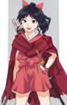  1girl absurdres arrow_(projectile) bangs black_hair bow bow_(weapon) brown_eyes cape fangs hagioshi hair_bow han&#039;you_no_yashahime hand_on_hip highres holding holding_bow_(weapon) holding_weapon moroha pink_bow ponytail quiver red_cape sheath sheathed simple_background solo sword two-tone_background weapon 