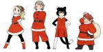  4girls animal_ears arm_up arms_behind_back bad_link bangs barefoot bell black_footwear black_gloves black_hair blonde_hair blush_stickers body_fur boots braid braided_bangs cat_ears cat_girl cat_tail christmas closed_eyes closed_mouth dress dungeon_meshi dwarf elf facing_viewer falin_thorden fur-trimmed_dress fur_trim gloves grey_hair hands_on_hips holding holding_sack izutsumi kui_ryouko legs_apart lineup long_hair looking_at_viewer marcille multiple_girls namari_(dungeon_meshi) pointy_ears ponytail red_dress red_footwear red_hair sack santa_boots santa_costume santa_dress short_hair simple_background sleeveless sleeveless_dress smile standing tail white_background 