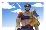  1boy alternate_skin_color beard chest_harness chips_n_cookies dark_blue_hair dragalia_lost facial_hair feet_out_of_frame hadanugi_dousa harness headband japanese_clothes kimono male_focus mature_male midriff multicolored_hair muscular muscular_male pectoral_cleavage pectorals red_eyes short_hair smile solo stomach streaked_hair tail white_hair wind yellow_kimono zhu_bajie_(dragalia_lost) 