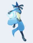  banned_artist closed_mouth energy_ball fang fang_out frown full_body grey_background looking_down lucario pokemon pokemon_(creature) red_eyes simple_background solo toes yu_(xcapriccioso) 