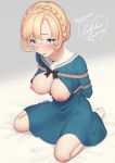  1girl absurdres bdsm blonde_hair blue_dress blue_eyes blush bondage bound breasts breasts_outside commentary_request commission dress glasses highres looking_at_viewer medium_breasts nipples open_mouth original rope sakura_shiho simple_background sitting skeb_commission skirt socks wariza watermark white_legwear 