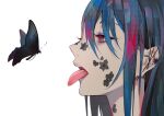  1girl animal bangs blue_hair bug butterfly close-up commentary_request ear_piercing eyebrows_behind_hair from_side hair_between_eyes highres lam_(ramdayo) looking_at_animal multicolored_hair one_eye_closed open_mouth original piercing red_eyes red_hair solo teeth tongue tongue_out upper_teeth 
