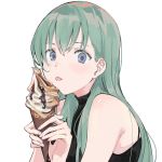  1girl bangs bare_shoulders black_shirt blue_eyes blush chocolate_syrup food green_hair highres holding holding_food ice_cream ice_cream_cone kantai_collection long_hair looking_at_viewer osu5i shirt simple_background soft_serve solo suzuya_(kantai_collection) tongue tongue_out wafer_stick white_background 