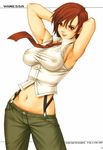  armpits breasts brown_eyes covered_nipples highres impossible_clothes impossible_shirt large_breasts necktie red_hair saigadou see-through shirt sleeveless snk solo suspenders the_king_of_fighters vanessa_(king_of_fighters) 