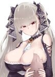  013_(hamsasuke) 1girl azur_lane bare_shoulders between_breasts black_dress black_nails black_ribbon breast_grab breasts cleavage clothing_cutout commentary_request dress eyebrows_visible_through_hair formidable_(azur_lane) frilled_dress frills gothic_lolita grabbing grey_hair guided_breast_grab hair_ribbon highres large_breasts lolita_fashion long_hair male_hand nail_polish neckwear_between_breasts red_eyes ribbon shoulder_cutout simple_background twintails two-tone_dress two-tone_ribbon upper_body very_long_hair white_background 
