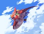  beak bird cloud commentary day english_commentary flying goggles likey no_humans open_mouth outdoors pokemon pokemon_(creature) pokemon_(game) pokemon_unite signature sky solo talonflame talons 