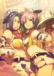  2girls animal_ears animal_print asymmetrical_docking au_ra avatar_(ffxiv) bare_shoulders bell belt bikini black_gloves blurry blurry_background breast_press breasts closed_mouth commentary_request commission cow_ears cow_print cowboy_shot detached_sleeves fake_animal_ears final_fantasy final_fantasy_xiv gloves hair_over_one_eye hide_(hideout) highleg highleg_panties highres holding holding_tray horns hyur indoors lips long_hair looking_at_viewer maid_headdress medium_breasts multiple_girls neck_bell orange_eyes panties parted_lips pink_hair print_bandeau print_bikini print_shorts purple_eyes purple_hair red_scarf revealing_clothes scales scarf short_hair shorts skeb_commission small_breasts smile stomach swimsuit tray underwear waitress yellow_bikini 