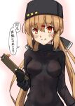  1girl absurdres black_bow black_gloves black_headwear black_sweater bow breasts brown_eyes brown_hair clipboard commentary_request fingerless_gloves gloves hair_bow highres kantai_collection long_hair looking_at_viewer low_twintails medium_breasts papakha parted_lips shiba_(zudha) solo star_(symbol) sweater tashkent_(kancolle) translated twintails upper_body 