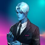  1boy absurdres artist_name artstation_username black_necktie black_suit blue_background blue_skin colored_skin formal gradient gradient_background hades_(lore_olympus) highres long_sleeves lore_olympus male_focus n-i-s-s-i necktie pink_background pocket_square red_eyes serious short_hair solo suit tumblr_username watermark white_hair 